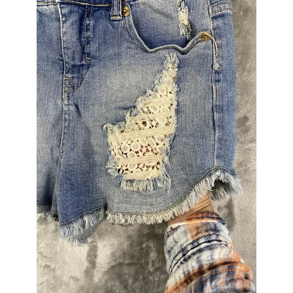 Mossimo Denim Shorts Womens Sz 4/27 High Rise Shortie Destroyed Lace Embellished